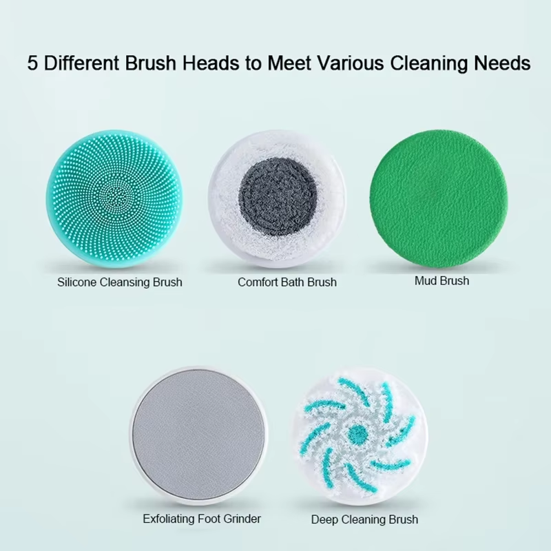 5 in 1 Electric Shower Cleaning Brush Set Rechargeable Long Handle Silicone Back Rubbing Brush for Bath Body Cleaning & Massage