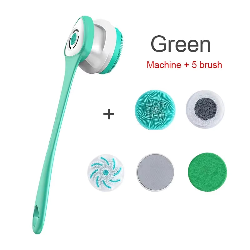 5 in 1 Electric Shower Cleaning Brush Set Rechargeable Long Handle Silicone Back Rubbing Brush for Bath Body Cleaning & Massage