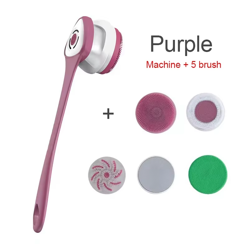 5 in 1 Electric Shower Cleaning Brush Set Rechargeable Long Handle Silicone Back Rubbing Brush for Bath Body Cleaning & Massage