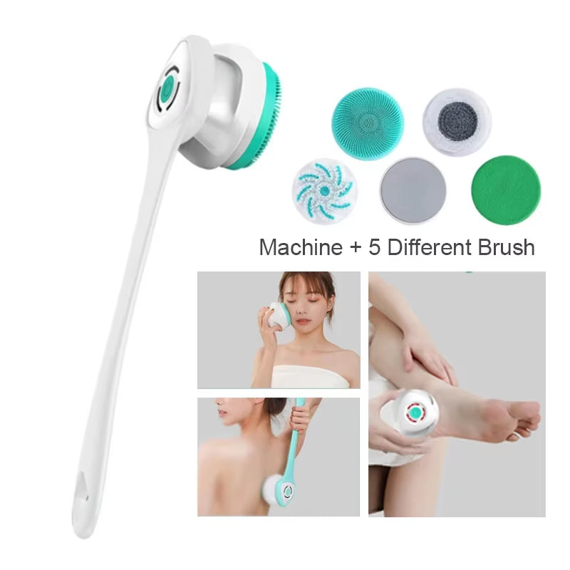 5 in 1 Electric Shower Cleaning Brush Set Rechargeable Long Handle Silicone Back Rubbing Brush for Bath Body Cleaning & Massage