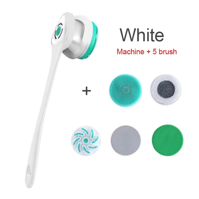 5 in 1 Electric Shower Cleaning Brush Set Rechargeable Long Handle Silicone Back Rubbing Brush for Bath Body Cleaning & Massage